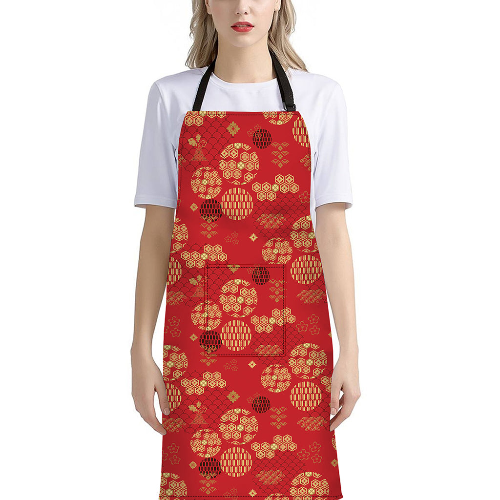 Red Japanese Pattern Print Bib Apron With Pocket