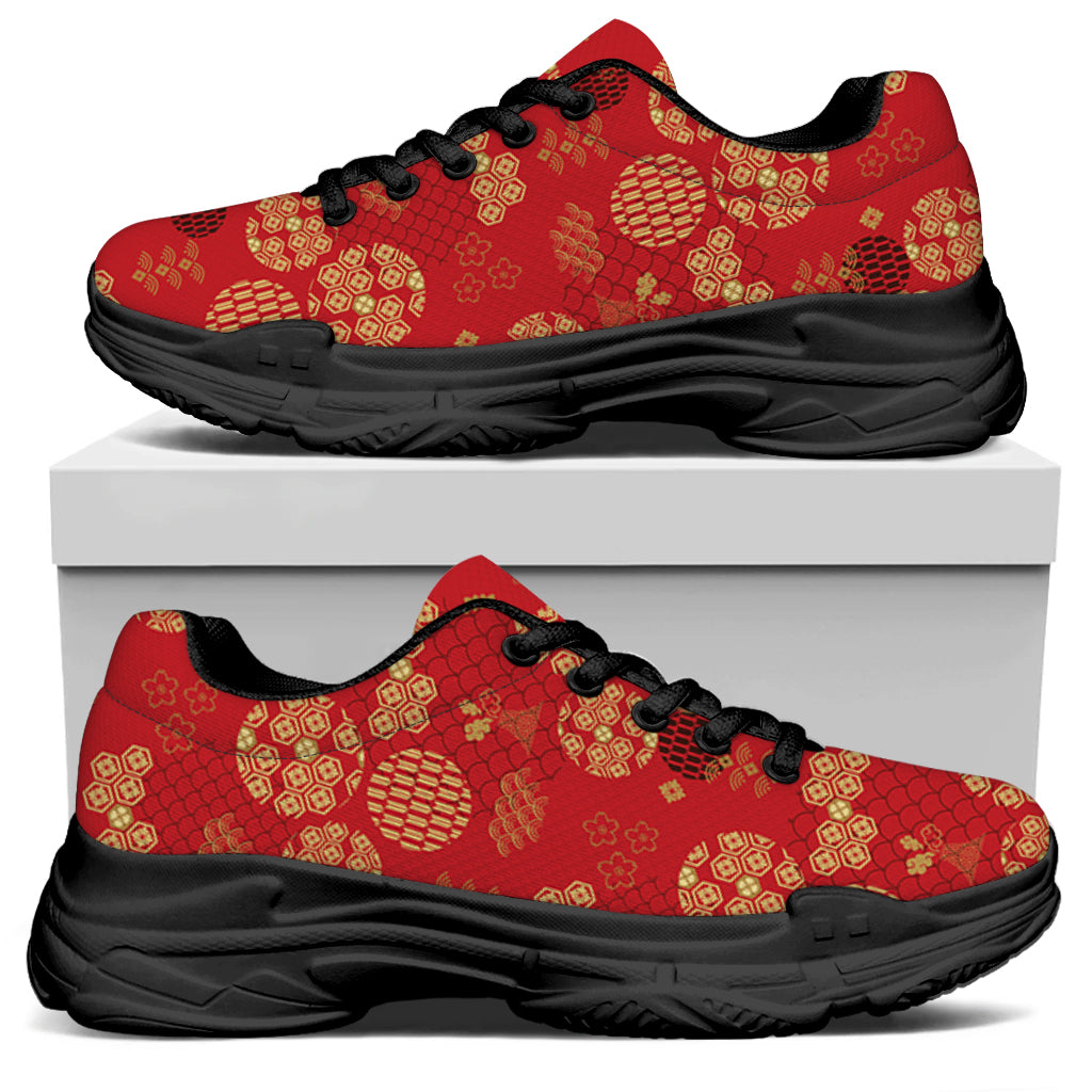 Red Japanese Pattern Print Black Chunky Shoes