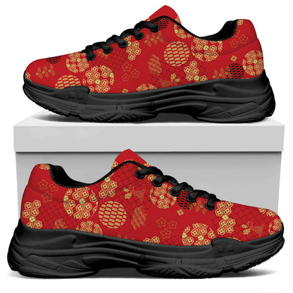 Red Japanese Pattern Print Black Chunky Shoes