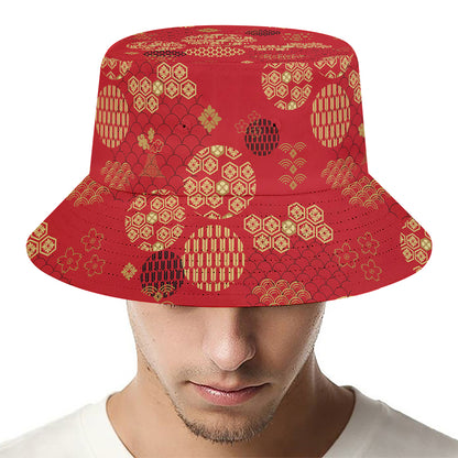 Red Japanese Pattern Print Bucket Hat