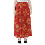 Red Japanese Pattern Print Chiffon Maxi Skirt
