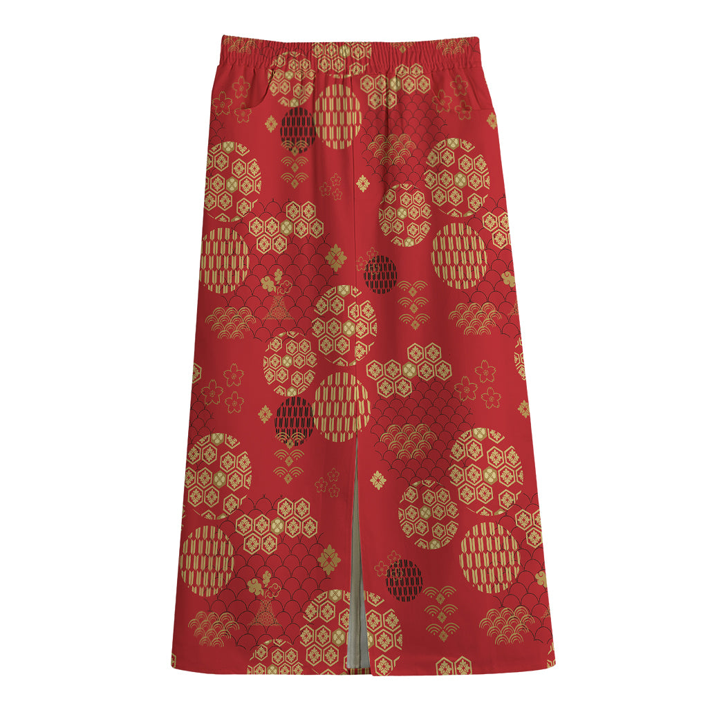 Red Japanese Pattern Print Cotton Front Slit Maxi Skirt