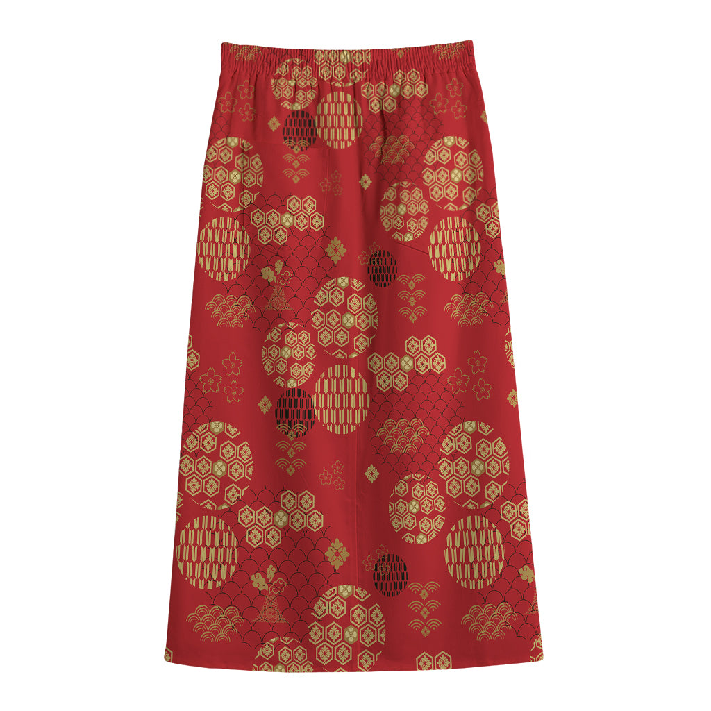 Red Japanese Pattern Print Cotton Front Slit Maxi Skirt