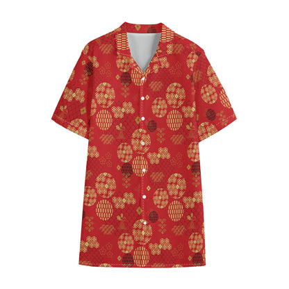 Red Japanese Pattern Print Cotton Hawaiian Shirt