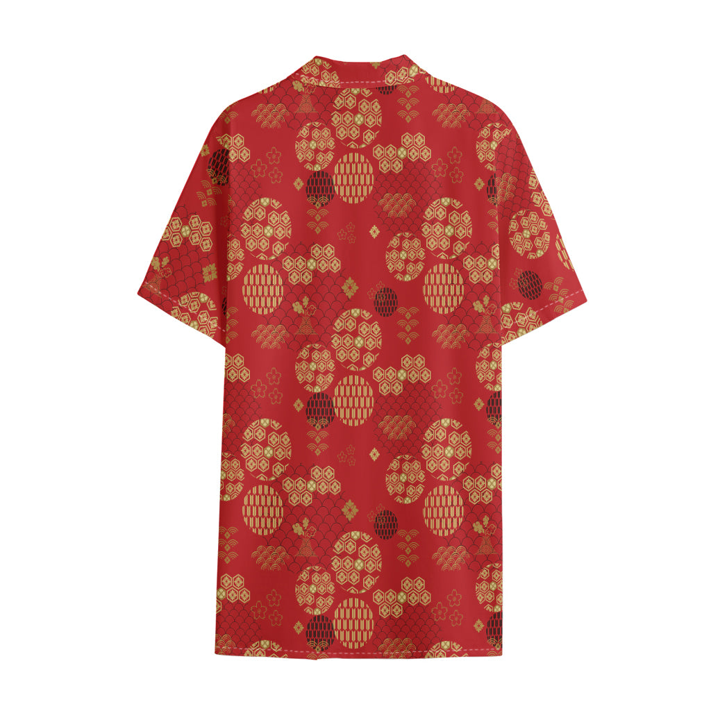 Red Japanese Pattern Print Cotton Hawaiian Shirt