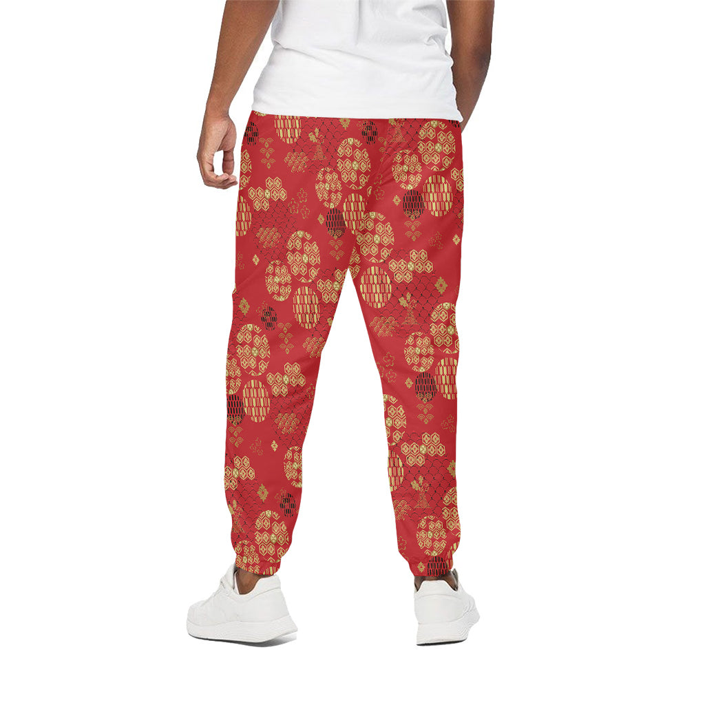 Red Japanese Pattern Print Cotton Pants