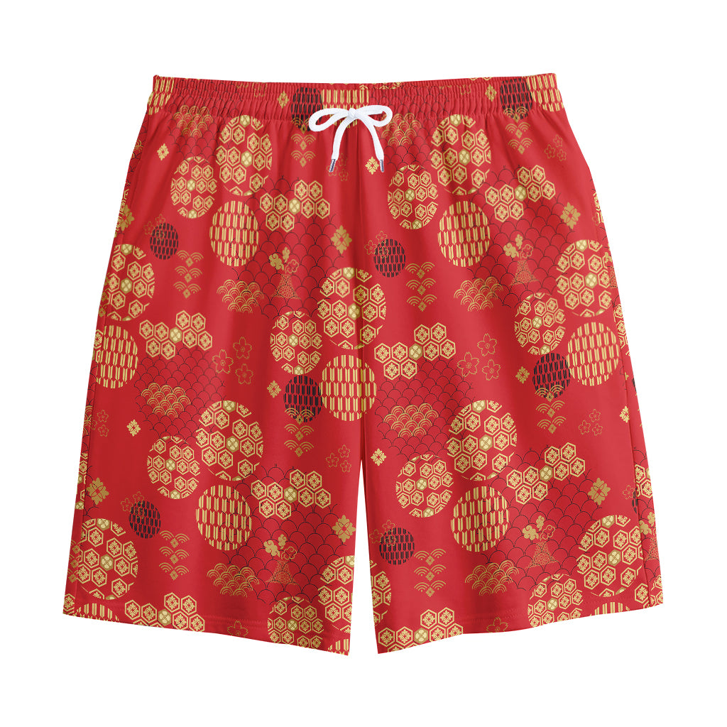 Red Japanese Pattern Print Cotton Shorts