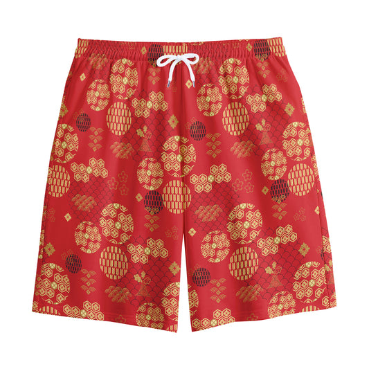 Red Japanese Pattern Print Cotton Shorts