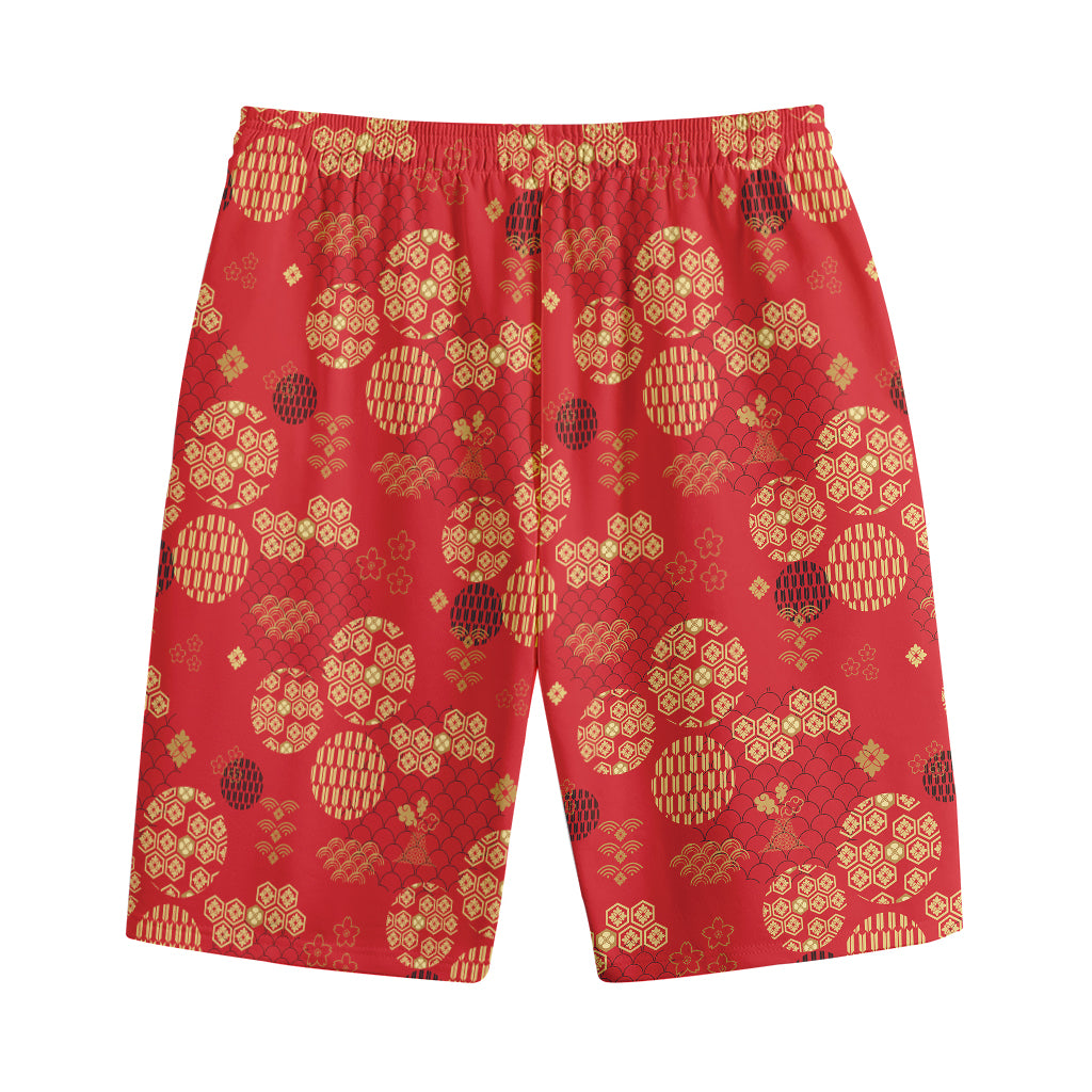 Red Japanese Pattern Print Cotton Shorts