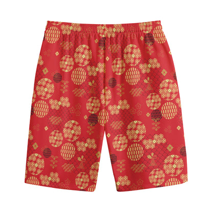 Red Japanese Pattern Print Cotton Shorts