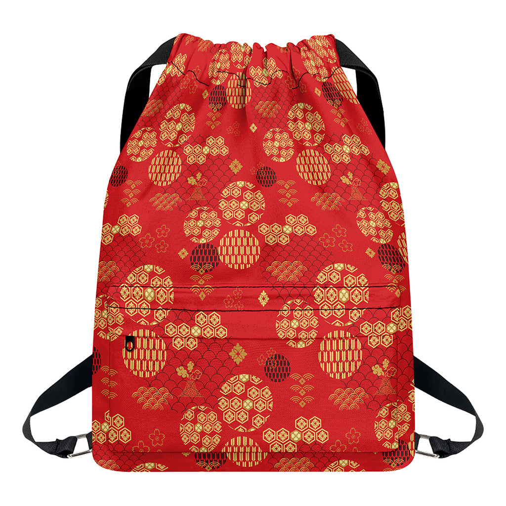 Red Japanese Pattern Print Drawstring Backpack