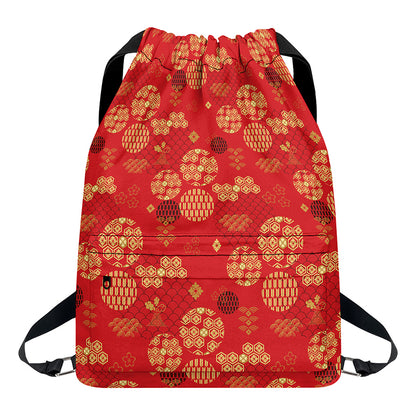 Red Japanese Pattern Print Drawstring Backpack