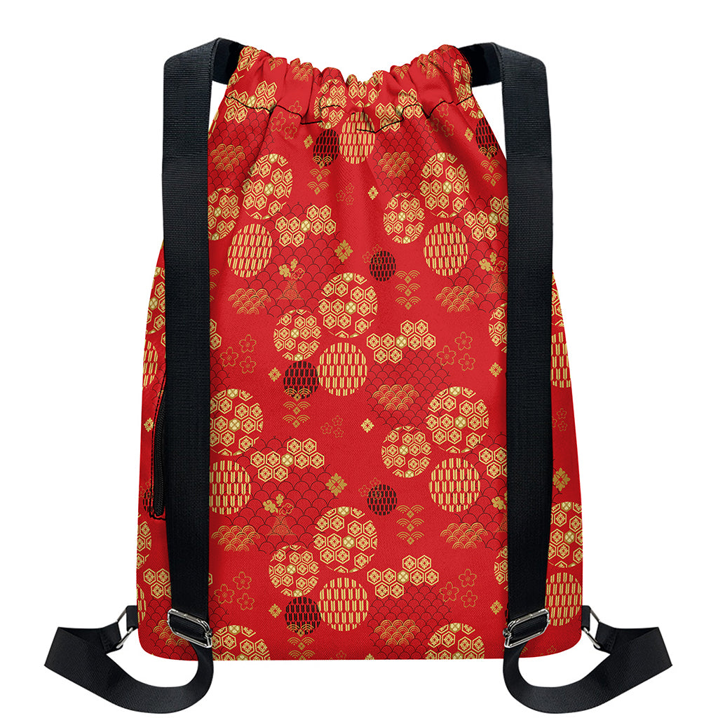 Red Japanese Pattern Print Drawstring Backpack