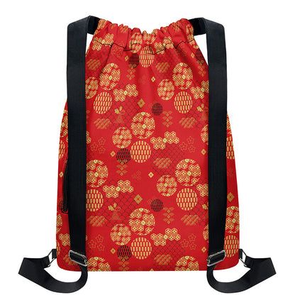 Red Japanese Pattern Print Drawstring Backpack