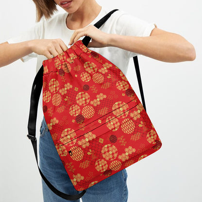 Red Japanese Pattern Print Drawstring Backpack