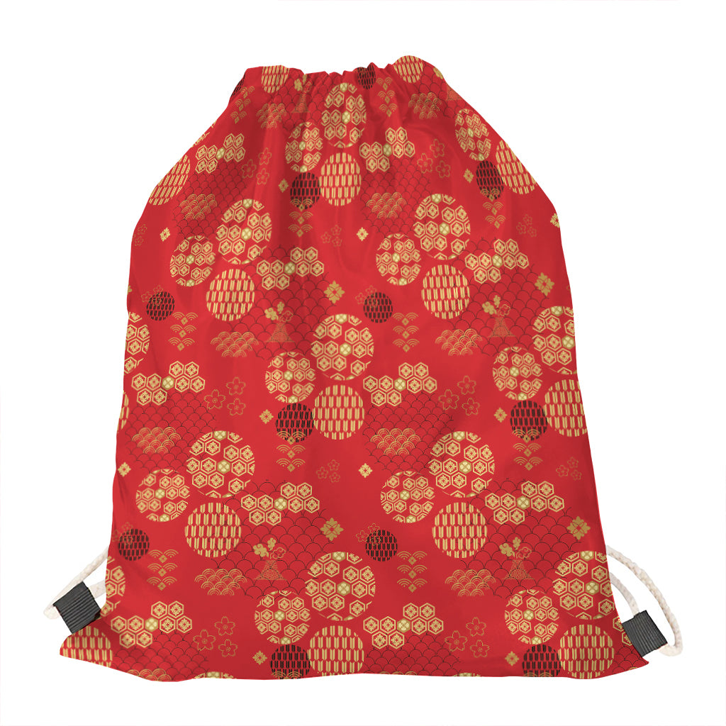 Red Japanese Pattern Print Drawstring Bag