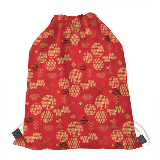 Red Japanese Pattern Print Drawstring Bag