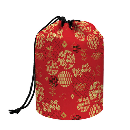 Red Japanese Pattern Print Drawstring Makeup Bag