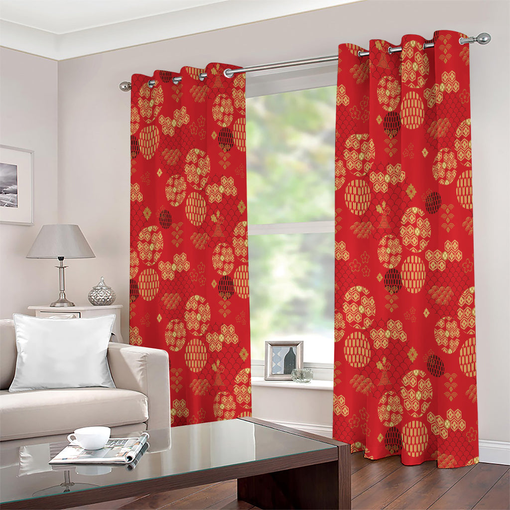 Red Japanese Pattern Print Extra Wide Grommet Curtains