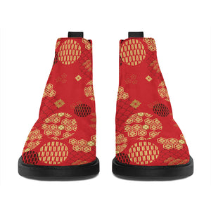 Red Japanese Pattern Print Flat Ankle Boots