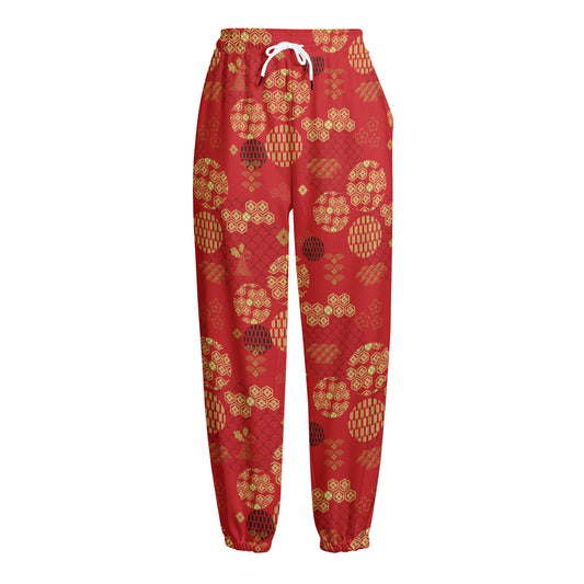 Red Japanese Pattern Print Fleece Lined Knit Pants
