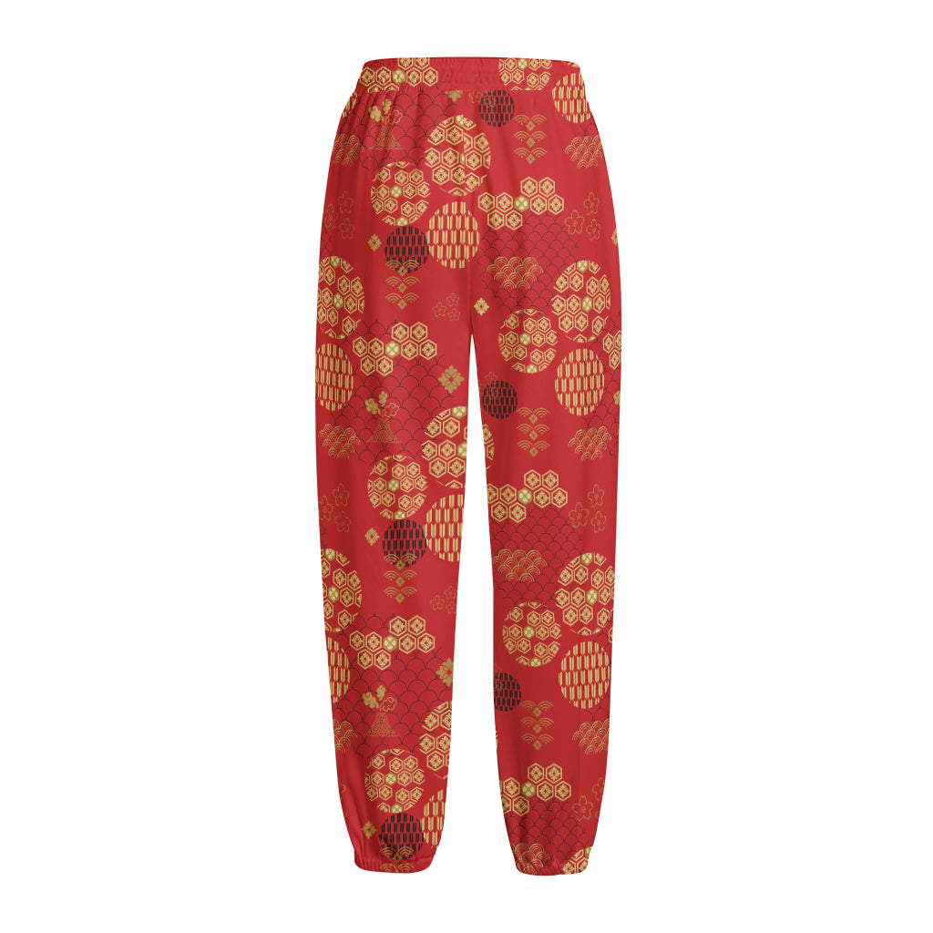 Red Japanese Pattern Print Fleece Lined Knit Pants