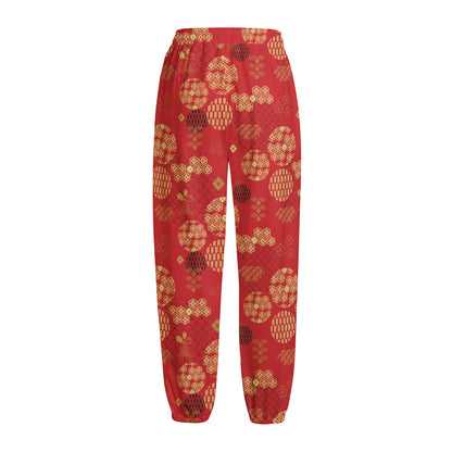 Red Japanese Pattern Print Fleece Lined Knit Pants