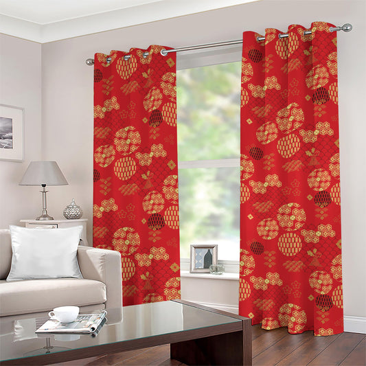 Red Japanese Pattern Print Grommet Curtains