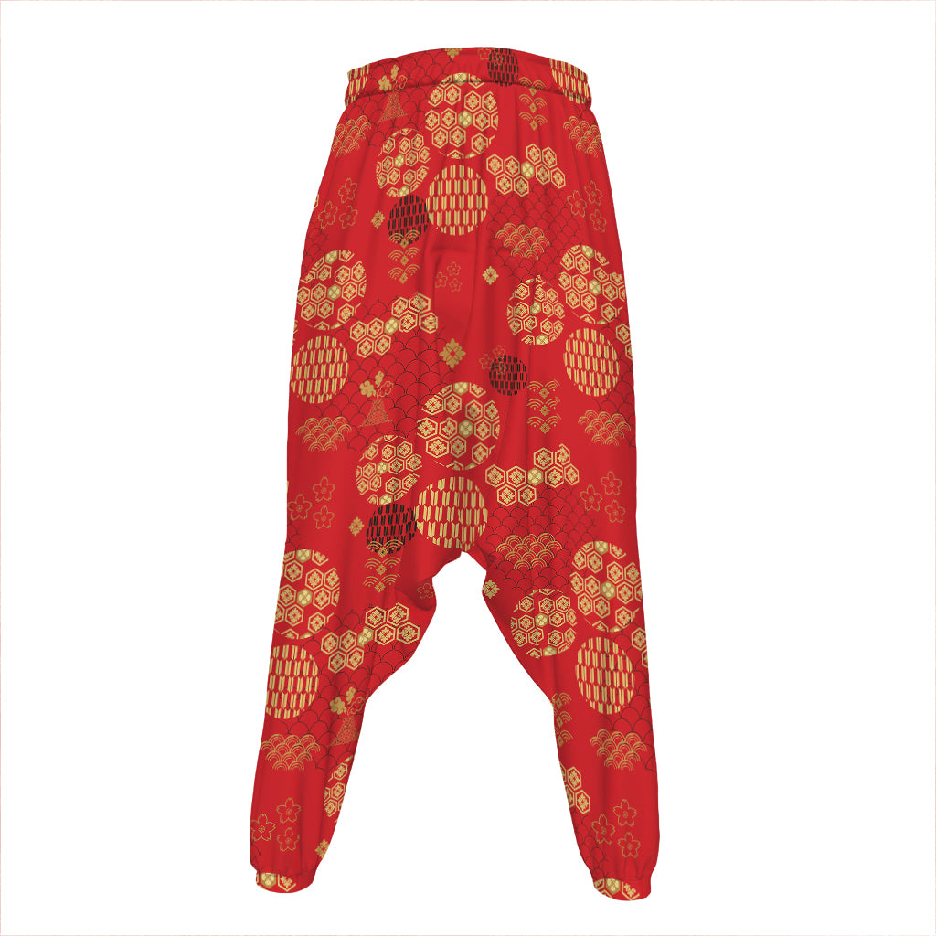 Red Japanese Pattern Print Hammer Pants