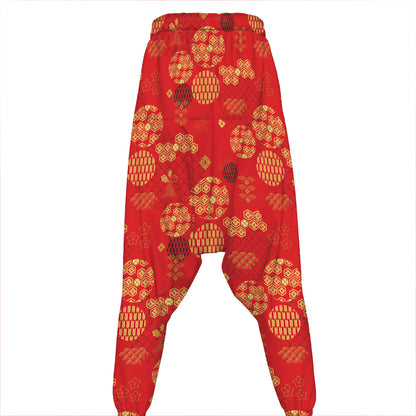 Red Japanese Pattern Print Hammer Pants