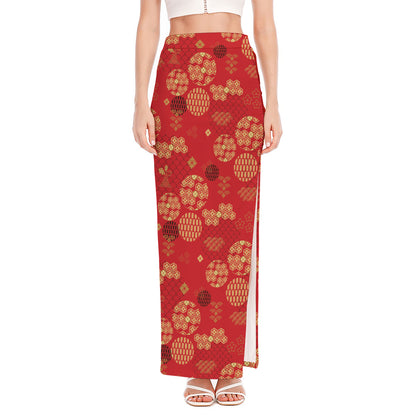 Red Japanese Pattern Print High Slit Maxi Skirt