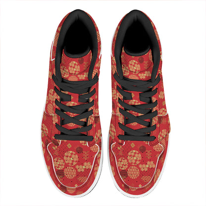Red Japanese Pattern Print High Top Leather Sneakers