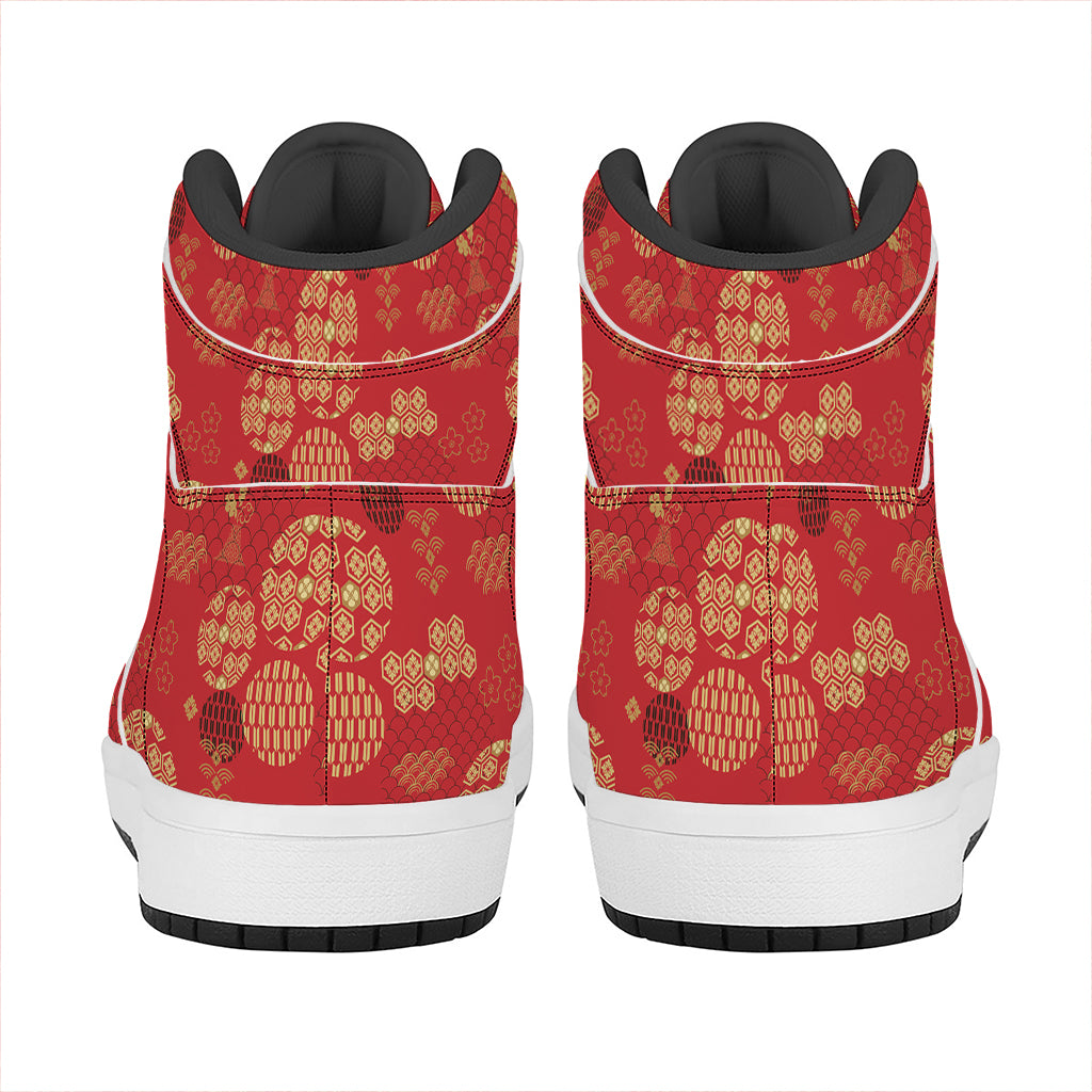 Red Japanese Pattern Print High Top Leather Sneakers