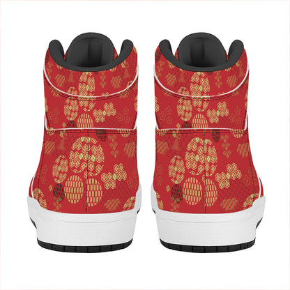 Red Japanese Pattern Print High Top Leather Sneakers
