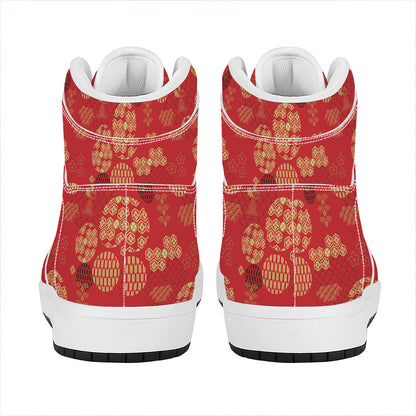 Red Japanese Pattern Print High Top Leather Sneakers