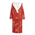 Red Japanese Pattern Print Hooded Bathrobe