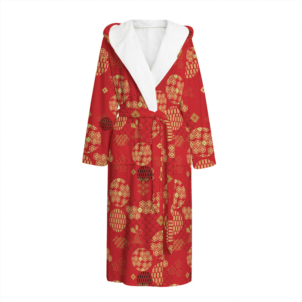 Red Japanese Pattern Print Hooded Bathrobe