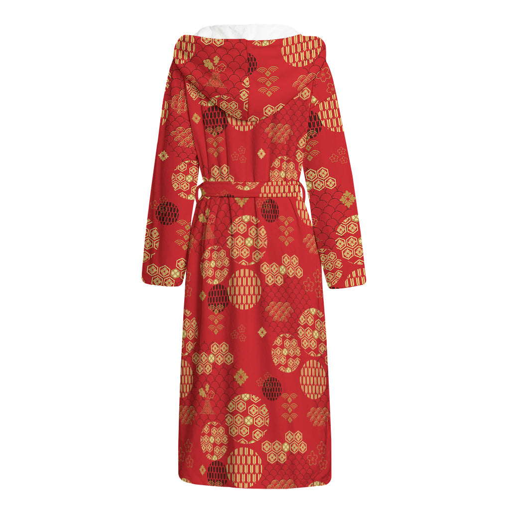 Red Japanese Pattern Print Hooded Bathrobe