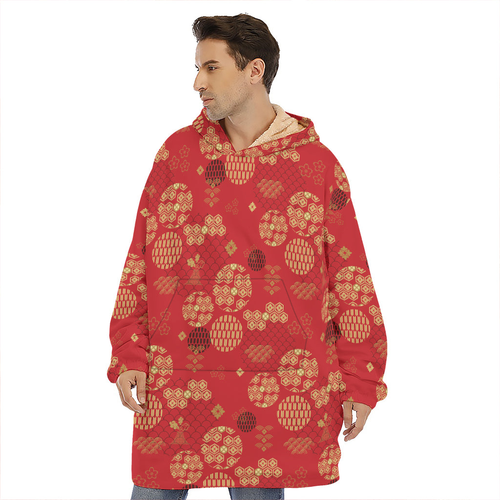 Red Japanese Pattern Print Hoodie Blanket