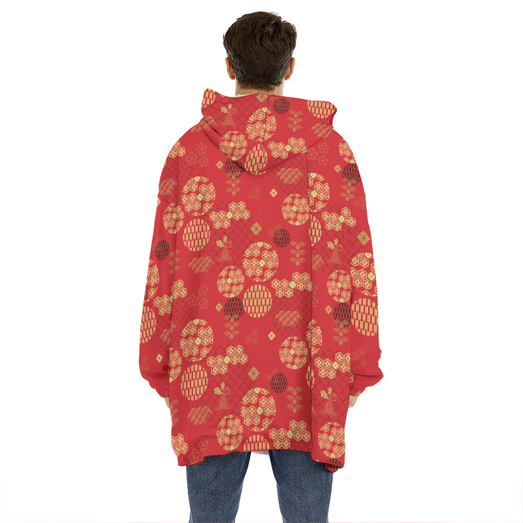 Red Japanese Pattern Print Hoodie Blanket