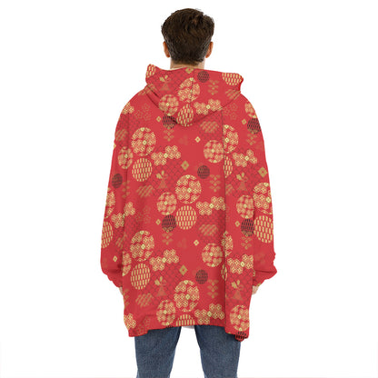 Red Japanese Pattern Print Hoodie Blanket