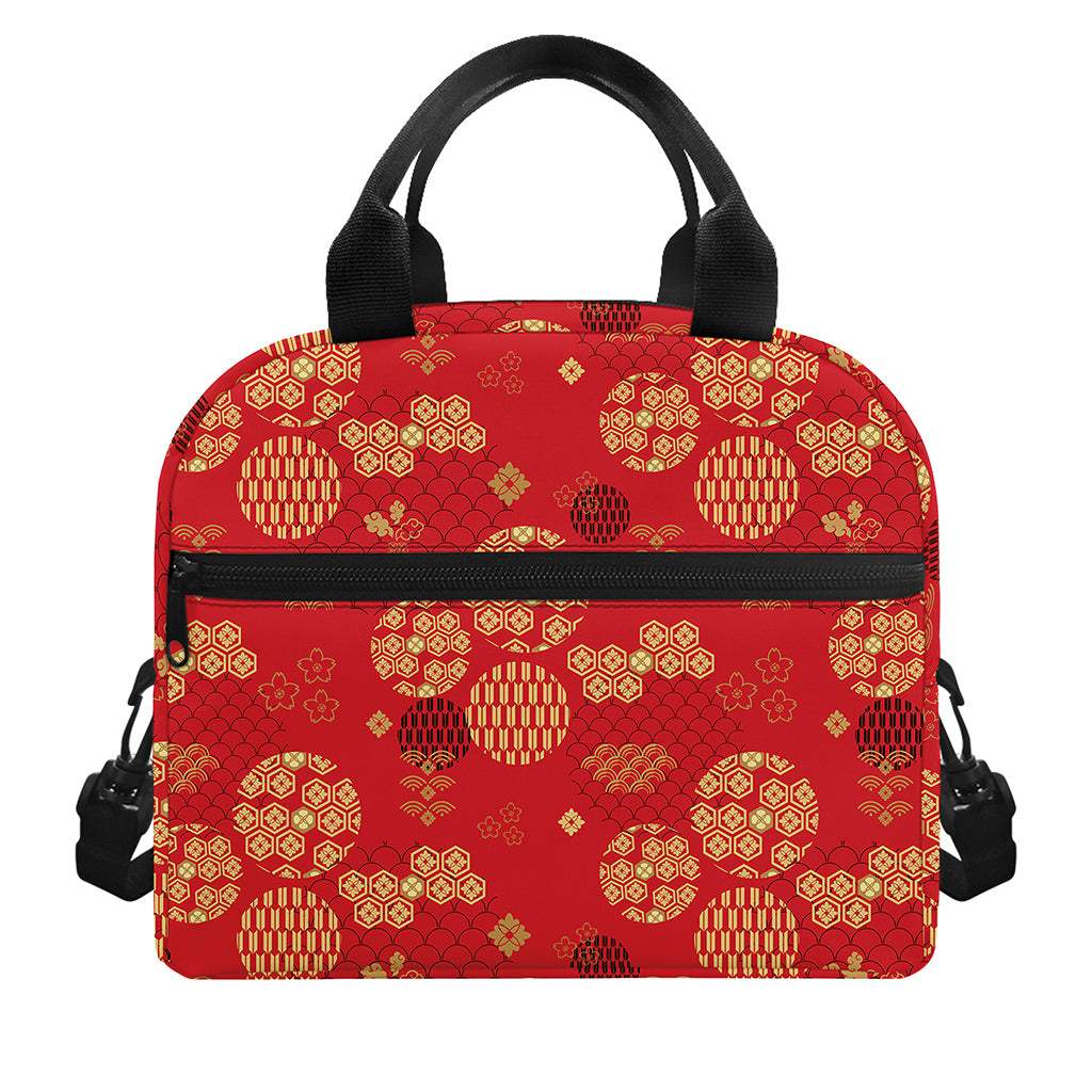 Red Japanese Pattern Print Insulated Lunch Bag