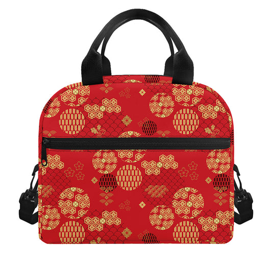 Red Japanese Pattern Print Insulated Lunch Bag