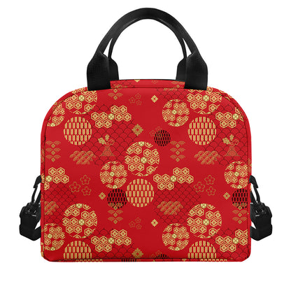 Red Japanese Pattern Print Insulated Lunch Bag
