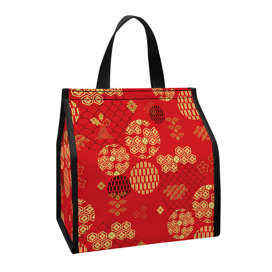 Red Japanese Pattern Print Insulated Lunch Tote
