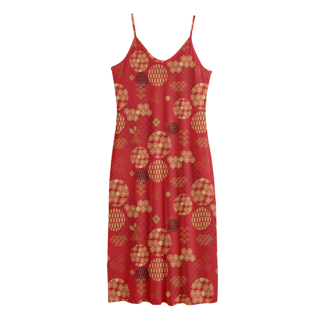 Red Japanese Pattern Print Jersey Midi Cami Dress
