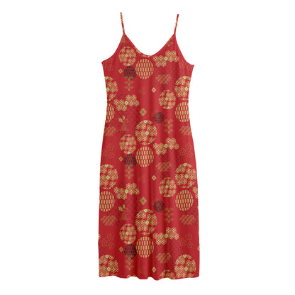 Red Japanese Pattern Print Jersey Midi Cami Dress