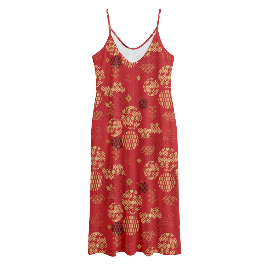 Red Japanese Pattern Print Jersey Midi Cami Dress