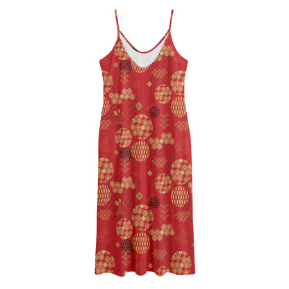 Red Japanese Pattern Print Jersey Midi Cami Dress