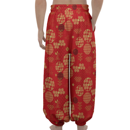 Red Japanese Pattern Print Lantern Pants